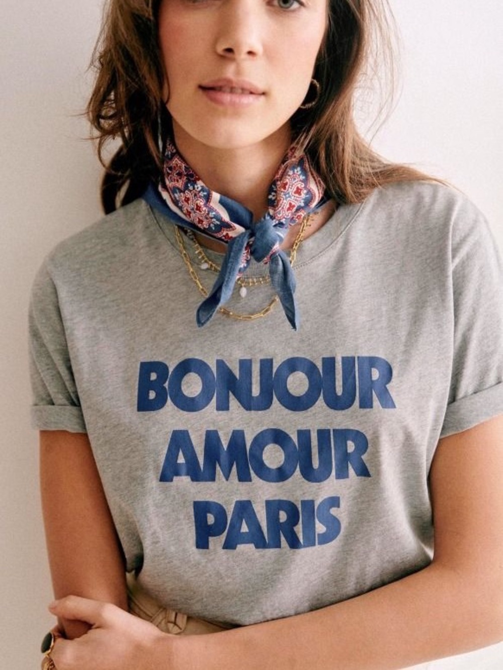Sezane Bonjour Amour Paris Graphic Tee - Grey/Blue